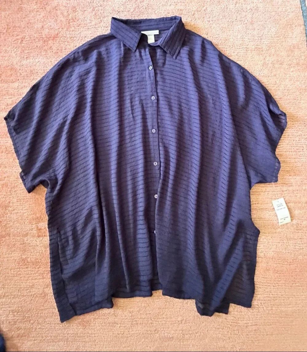 La Blanca Size S Navy Blue Oversized Sheer Button Front Tunic Shirt